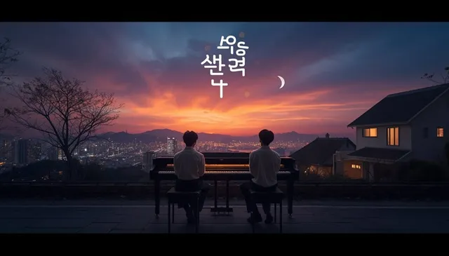 韓国の青春音楽ドラマを象徴する壮大なキー・ビジュアルで、二人の男子高校生、ピアノ、夕暮れと夜景が混ざり合った背景、希望と切なさの感情。イメージ画像