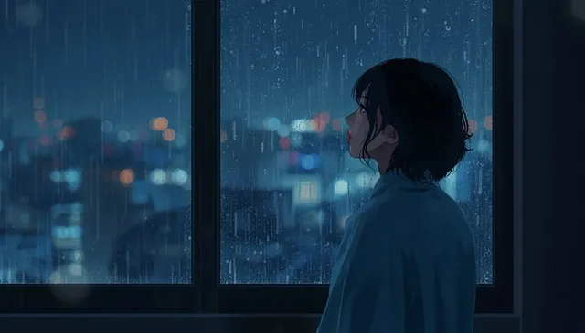 愛のあとにくるものをイメージした夜のソウルで窓辺に立つ女性