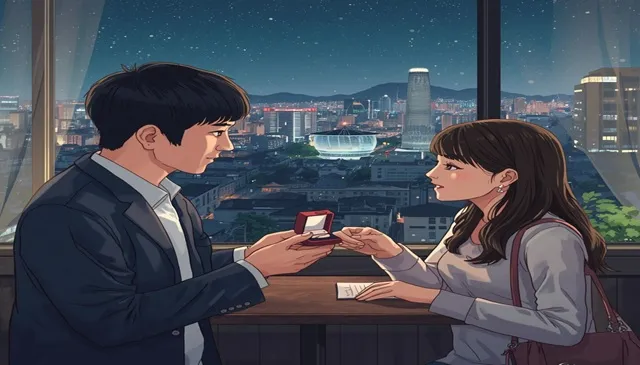 夜景が見える場所で、ハギがダルムに指輪を差し出し、プロポーズするイメージ画像
