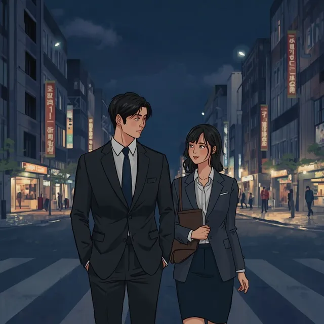 夜のソウルの街で、カン・ハギとナム・ダルムが並んで歩いている イメージ画像