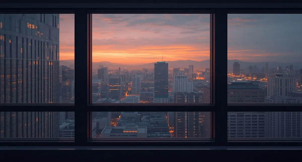 ソウルの高層オフィスビルの窓から見える夕方の街の景色